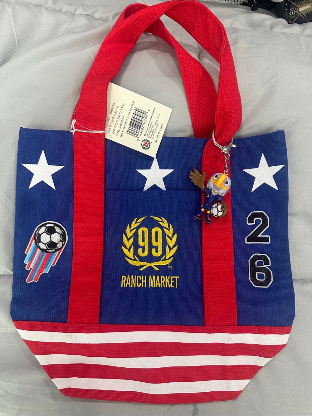 FIFA key chain and soccer themed Navy & Red Striped Tote Bag